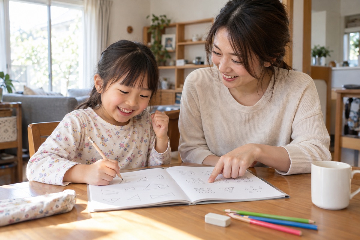 ダイニングテーブルで、お母さんと子どもが算数をしている様子