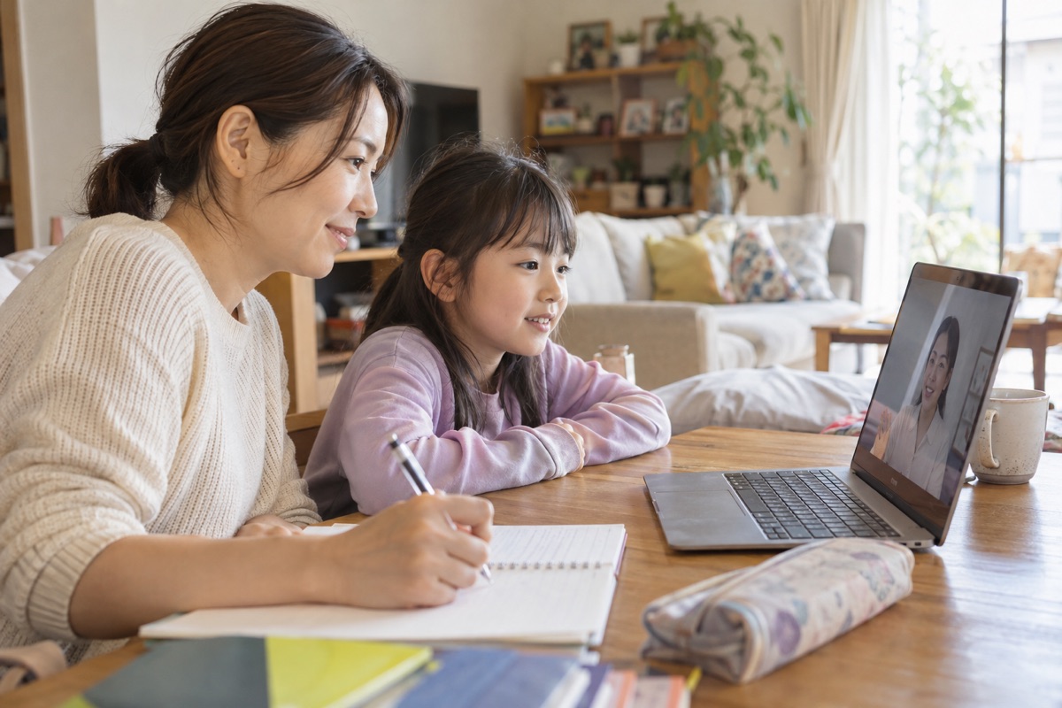 親子でオンラインの先生と話している様子